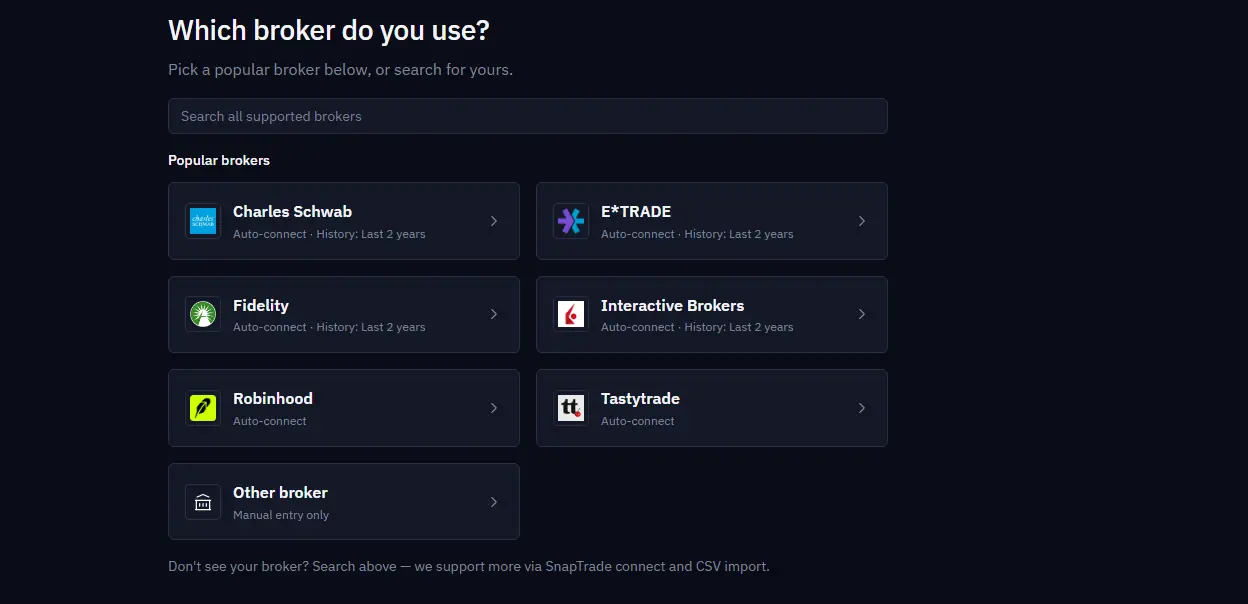 Broker picker showing auto-connect support for popular brokers
