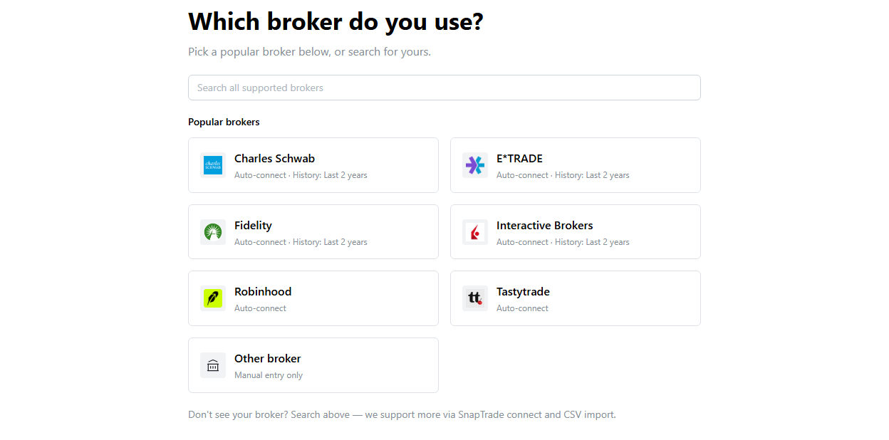 Broker picker showing auto-connect support for popular brokers