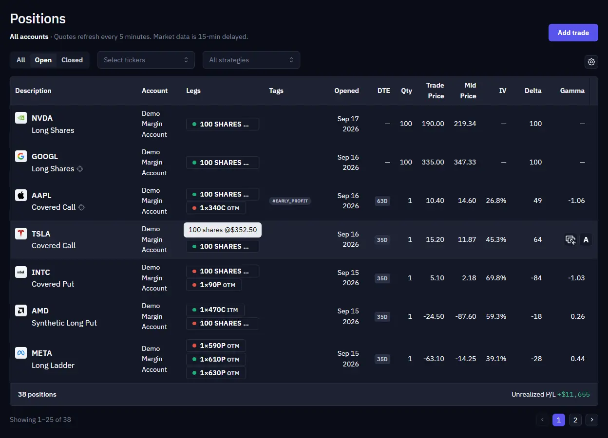 Open positions table with leg badges across multiple accounts