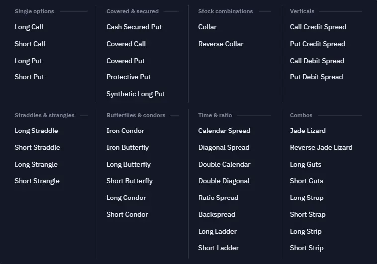 Add-trade strategy picker listing covered calls through iron condors, butterflies, and ratio spreads